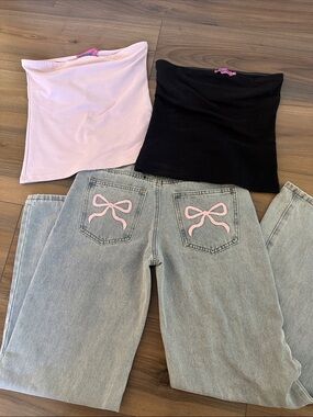 Edikted bundle Pink and Black Tube Tops with Light Pink Back Bow Jeans